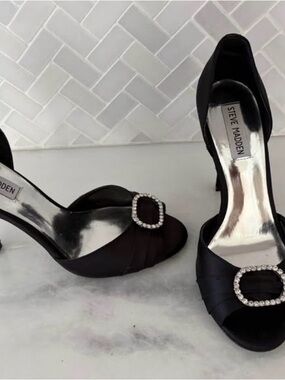 Steve Madden Black Satin D'Orsay Heels with Rhinestone Buckle (Wore Once)